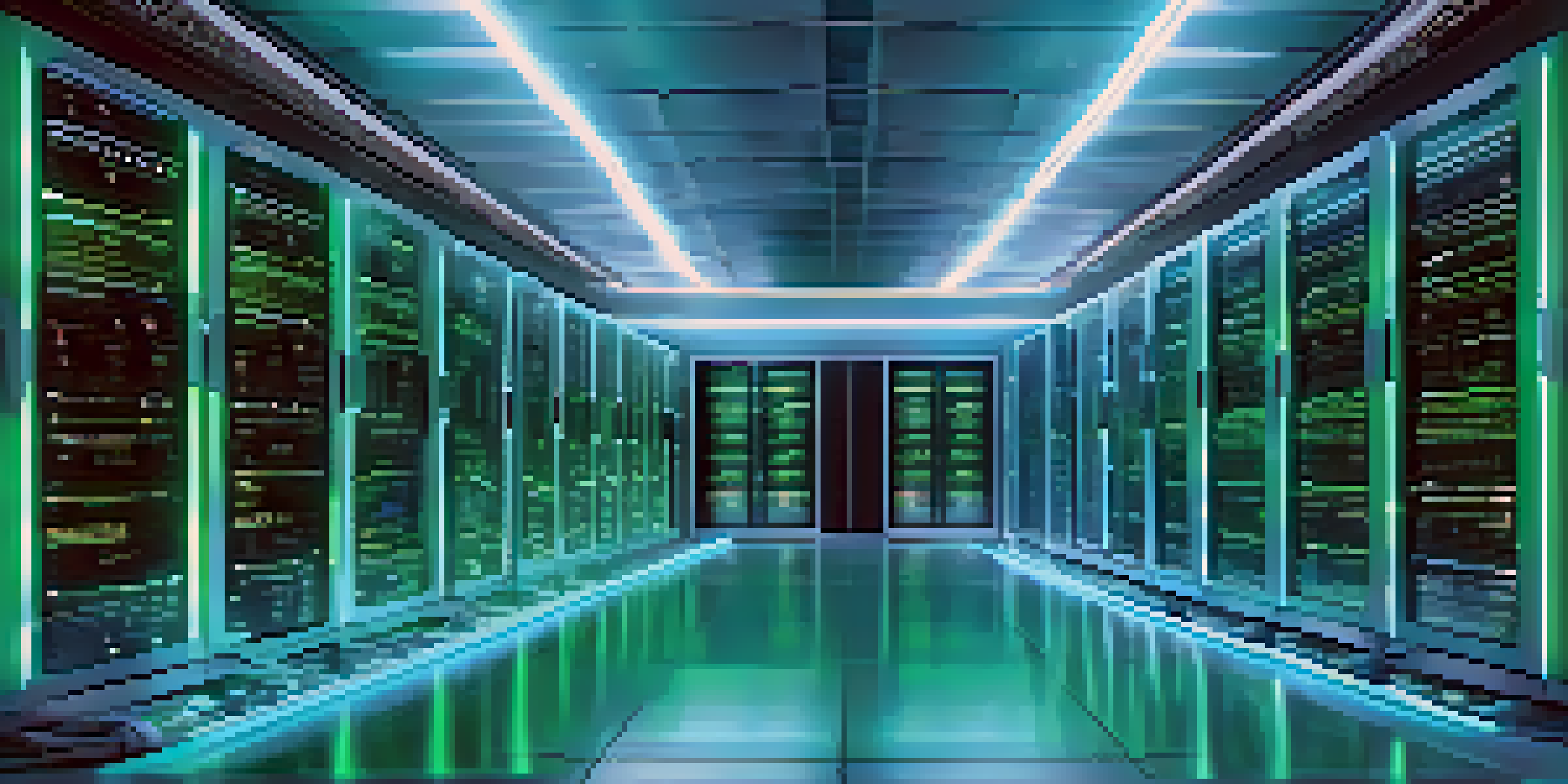 A futuristic data center with glowing servers and digital screens, highlighting data integrity metrics under soft blue and green lighting.