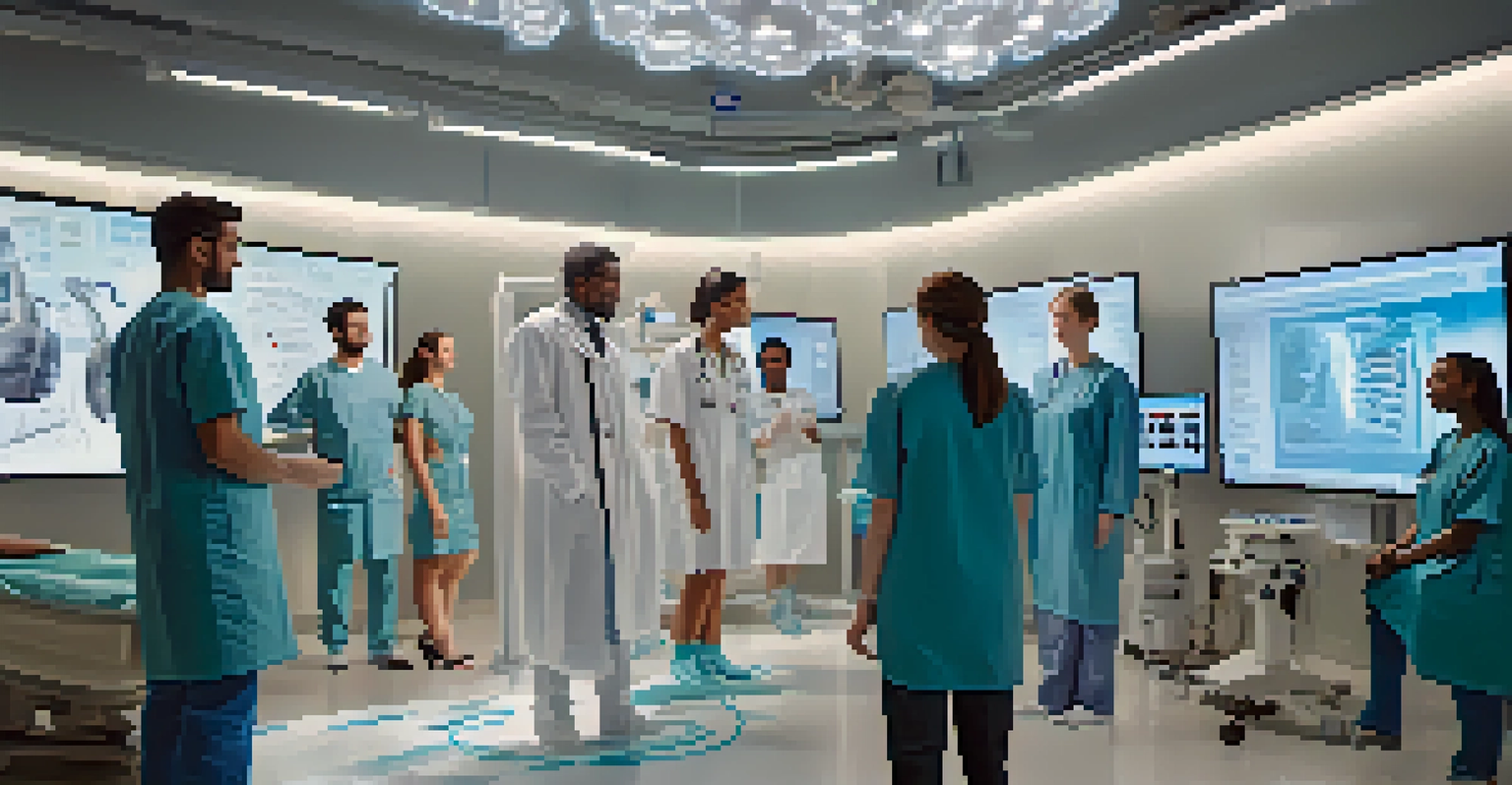 Medical students using augmented reality to interact with a 3D anatomical model during a training session in a modern healthcare facility.