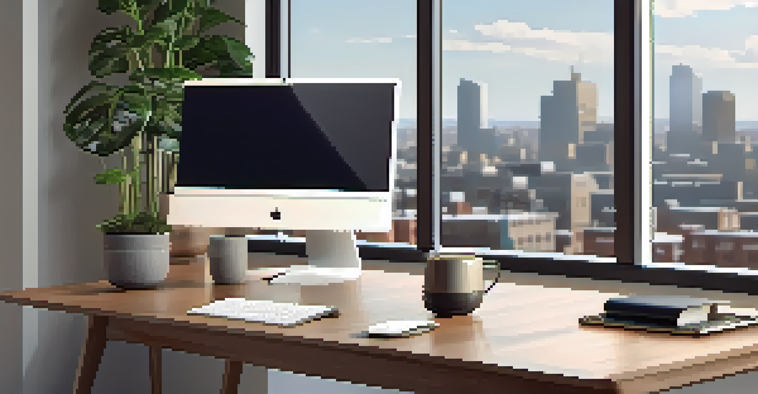 A modern office workspace with a wooden desk, laptop, potted plant, and cityscape view through a large window.