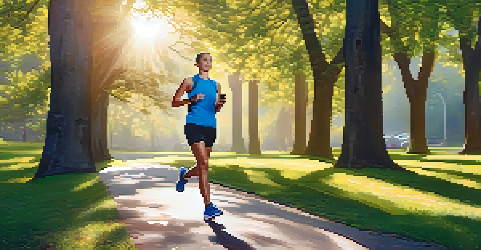A person jogging in a park wearing a smartwatch, with sunlight filtering through the trees.