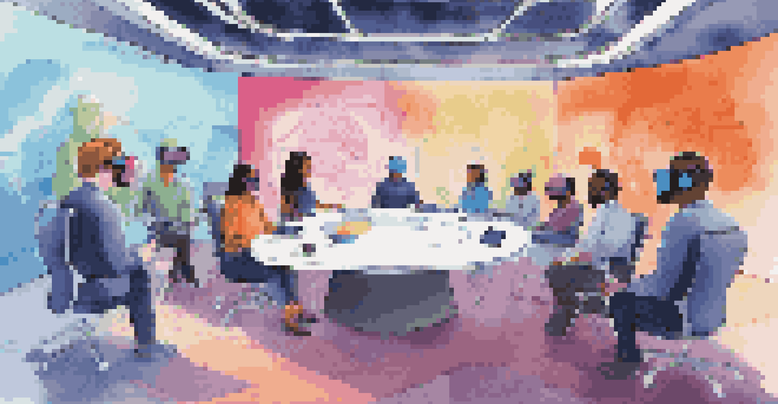 A virtual meeting with diverse professionals represented by avatars in a futuristic digital environment.