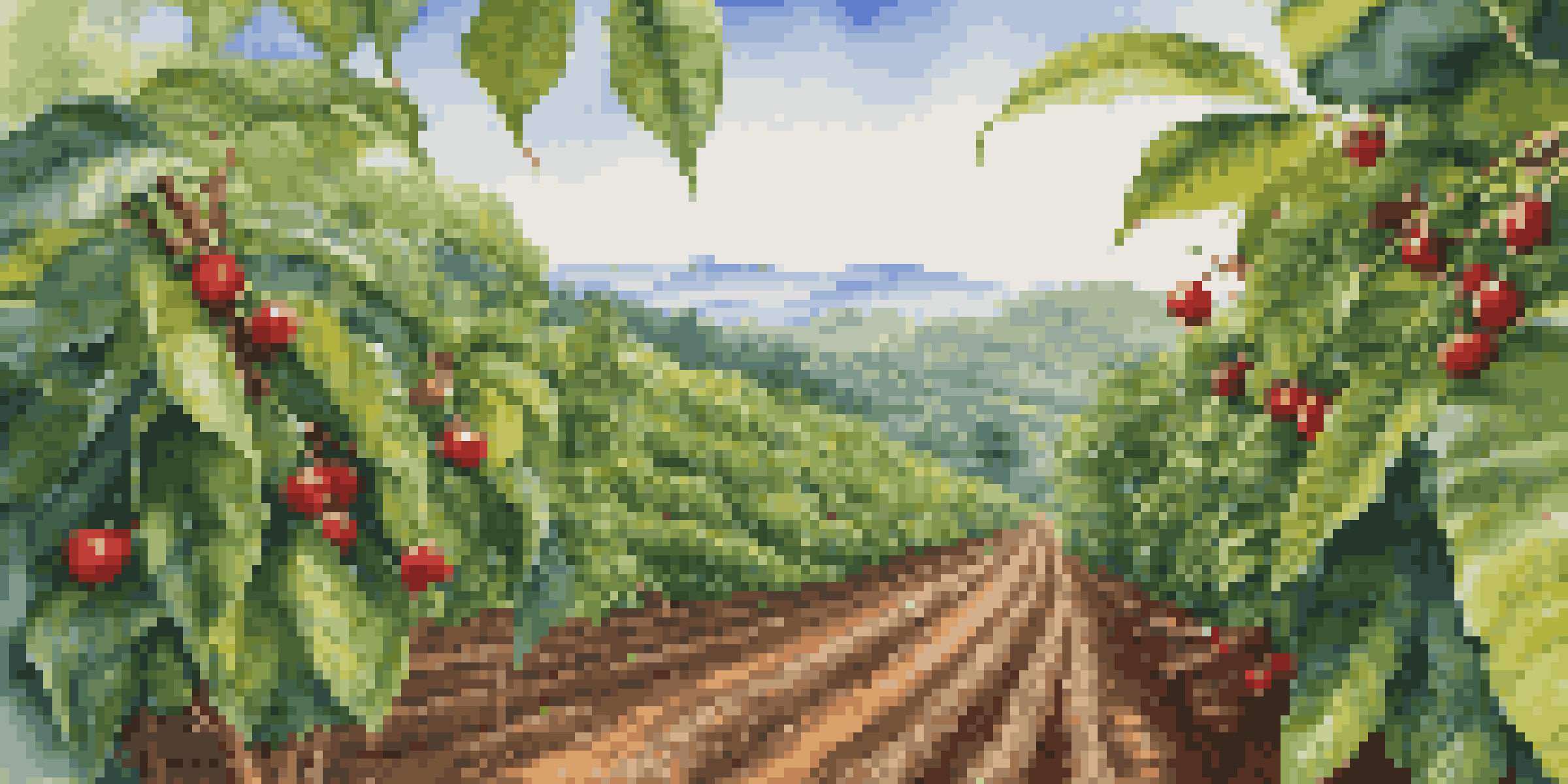 A detailed view of a coffee farm with farmers harvesting ripe coffee cherries under a clear blue sky, highlighting the lush greenery.