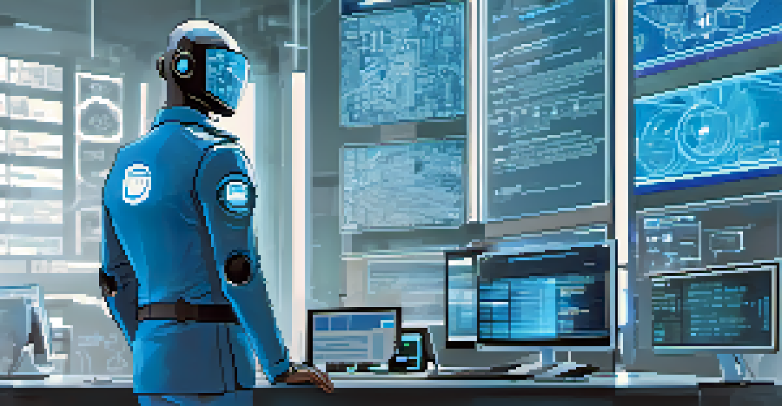 A futuristic robot security guard monitoring computer screens representing Data Loss Prevention in a high-tech environment.
