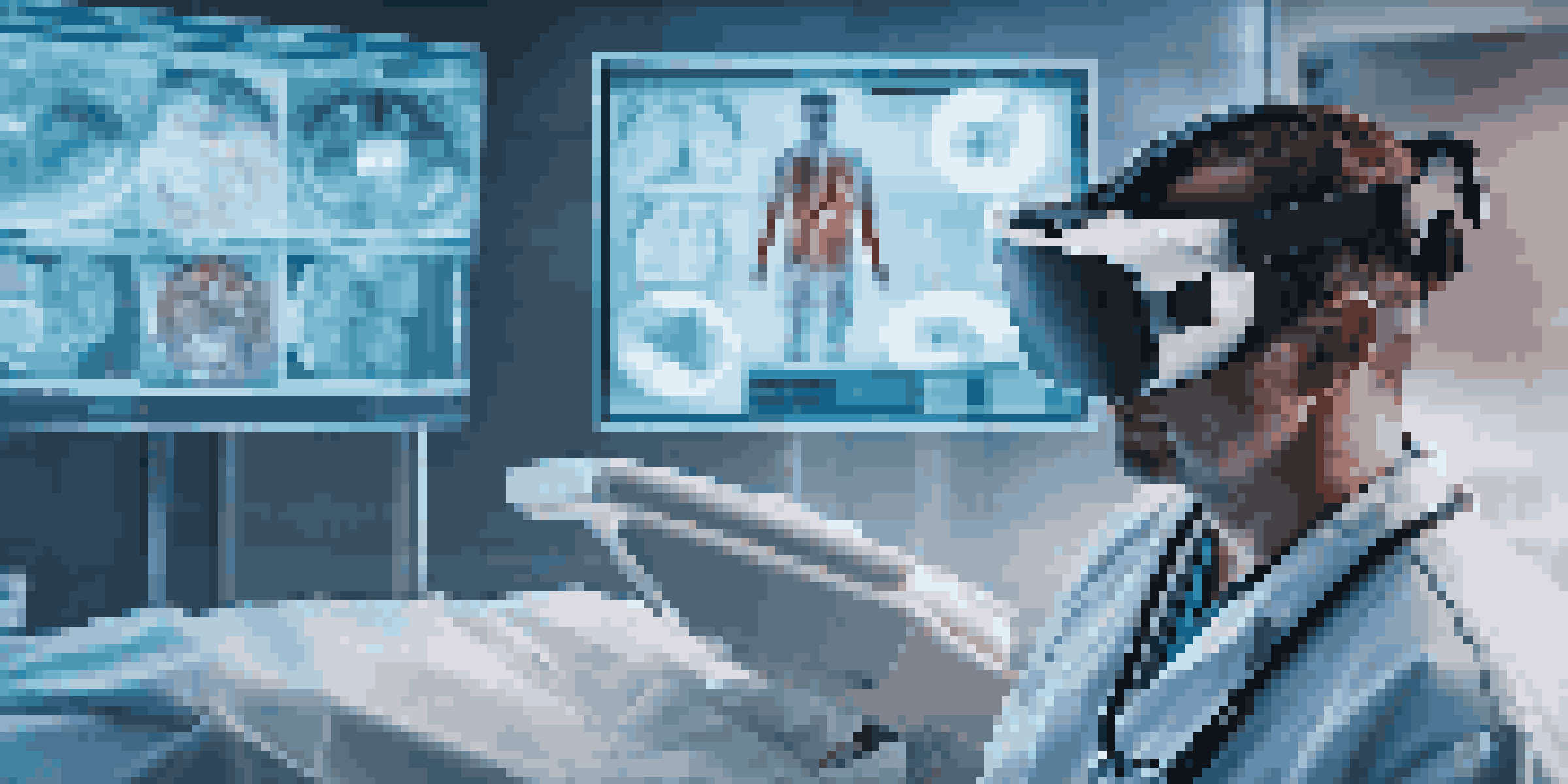 A healthcare worker using a virtual reality headset to train in a simulated medical emergency environment.