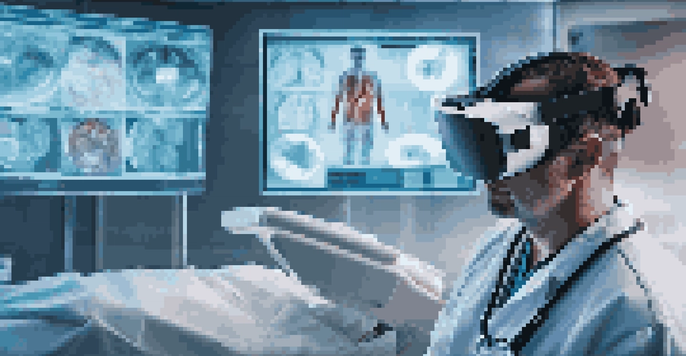 A healthcare worker using a virtual reality headset to train in a simulated medical emergency environment.