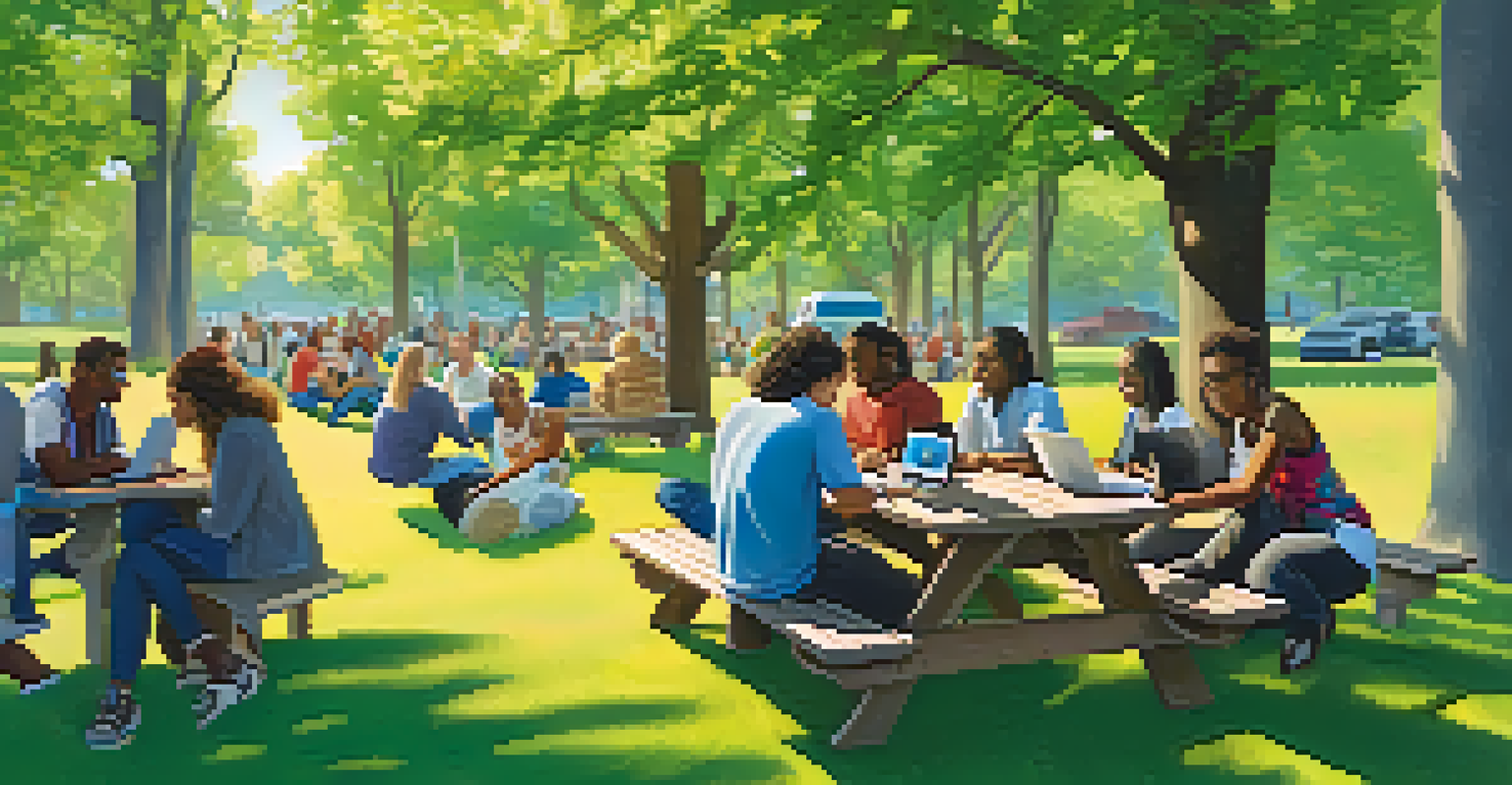 A diverse community gathering in a park, sharing ideas on laptops and tablets under a bright blue sky, surrounded by trees and picnic tables.