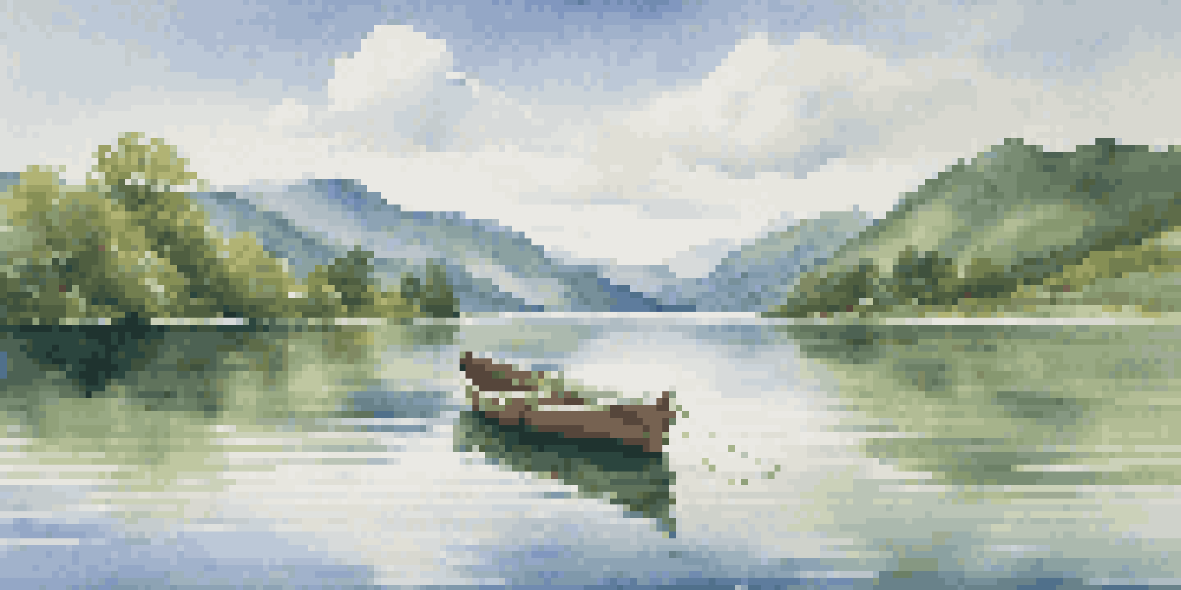A peaceful lake scene with green mountains and a blue sky, featuring a wooden boat on the water.