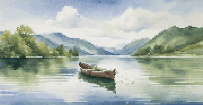 A peaceful lake scene with green mountains and a blue sky, featuring a wooden boat on the water.