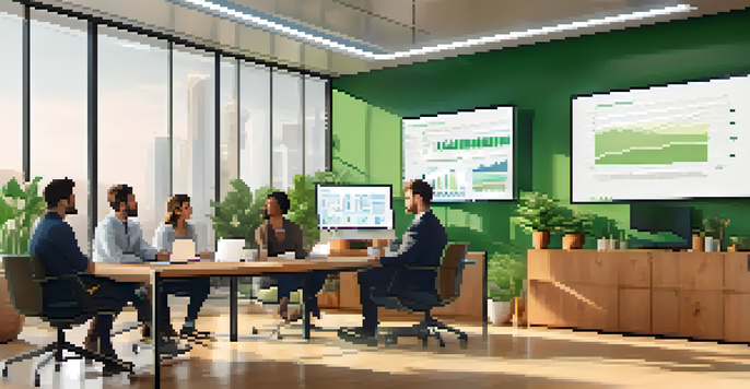 A diverse group of professionals in a bright office discussing chatbot testing strategies, with charts on a screen.