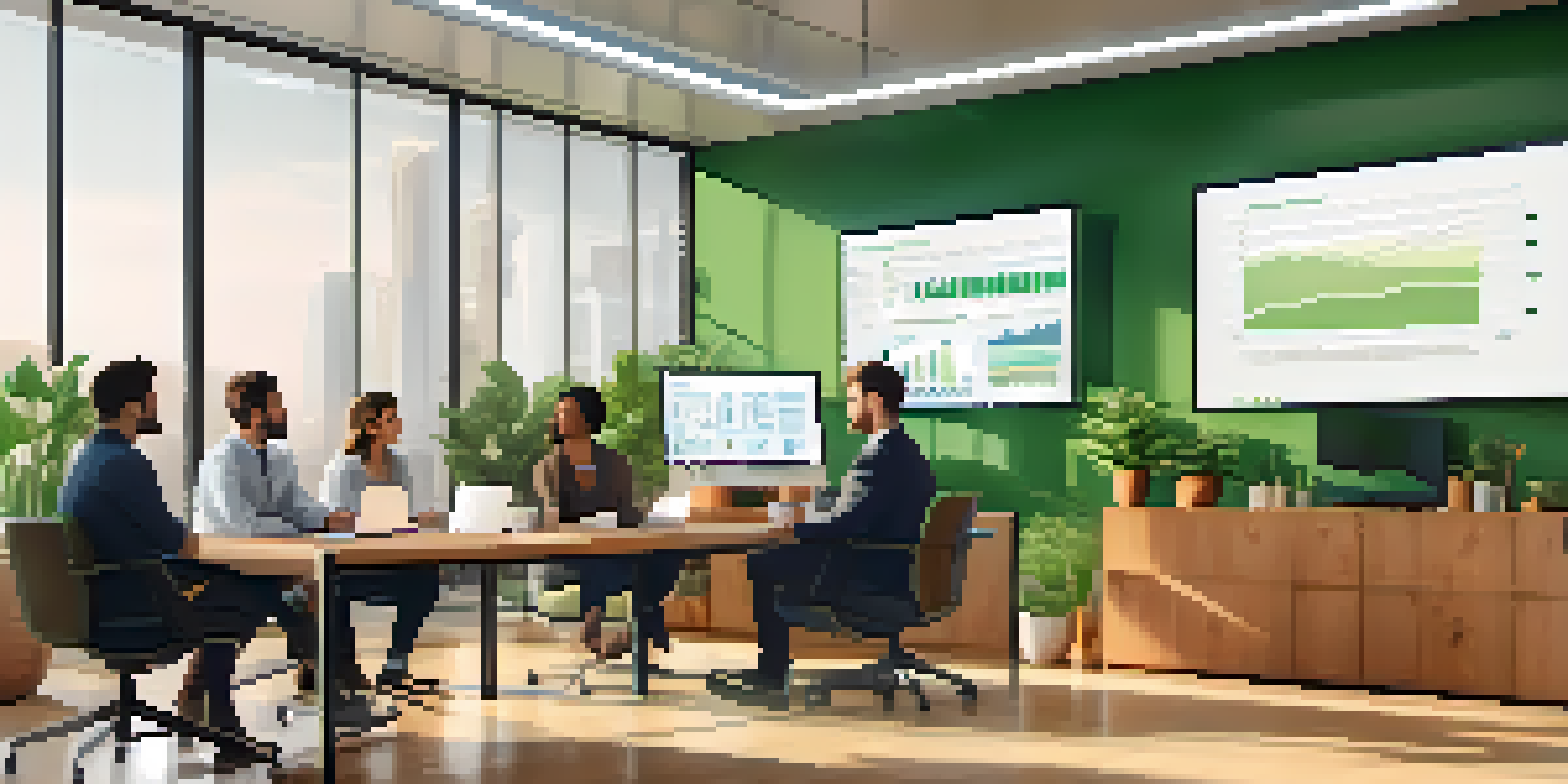 A diverse group of professionals in a bright office discussing chatbot testing strategies, with charts on a screen.