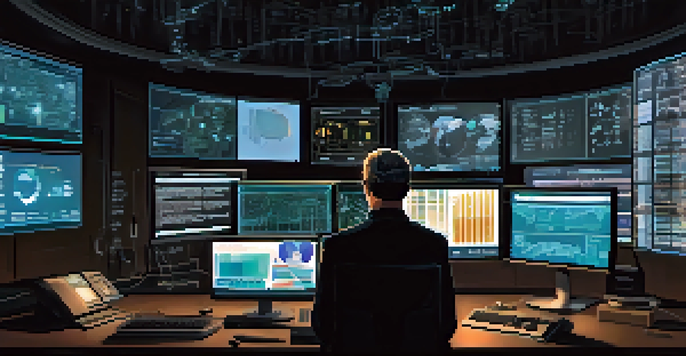 A focused digital forensics expert analyzing data on a computer screen in a dark room, surrounded by forensic tools.