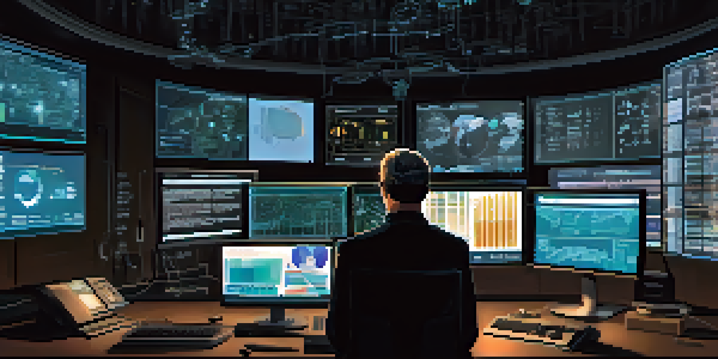 A focused digital forensics expert analyzing data on a computer screen in a dark room, surrounded by forensic tools.