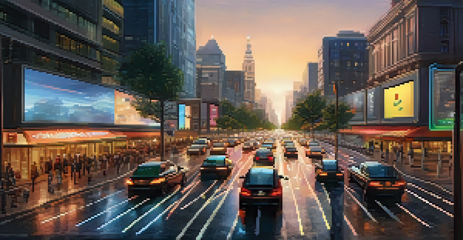 A cityscape at dusk with optimized traffic lights using IoT technology, illustrating smart city innovations.