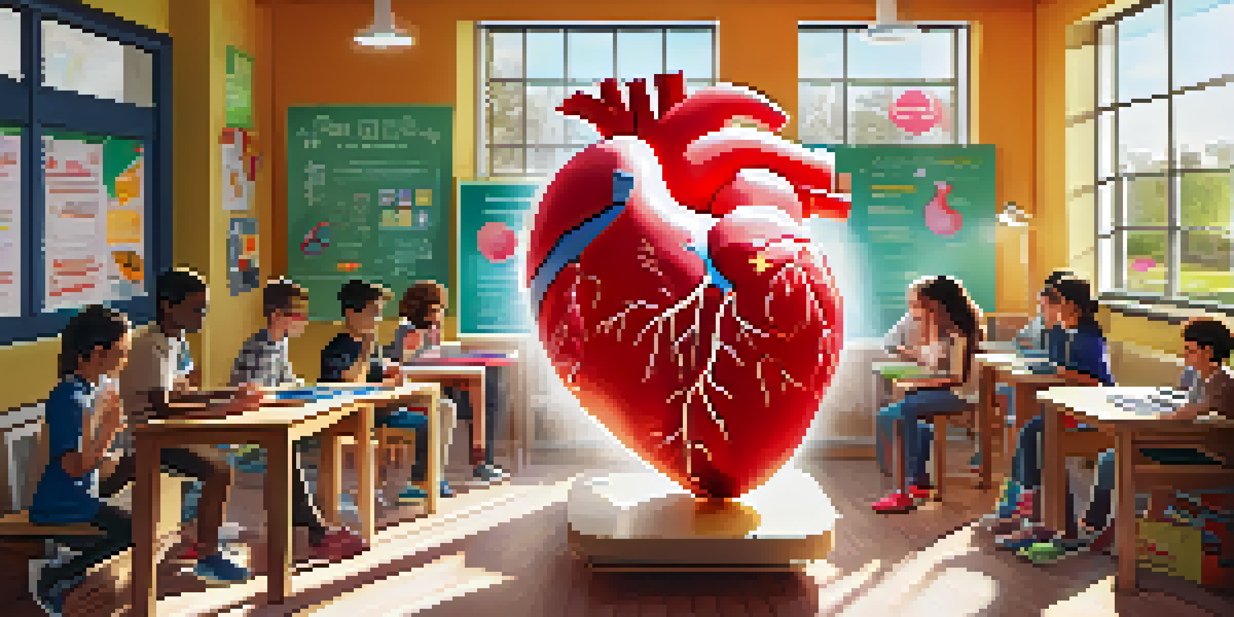 A vibrant classroom with students using tablets to explore a 3D model of a human heart, surrounded by educational materials.