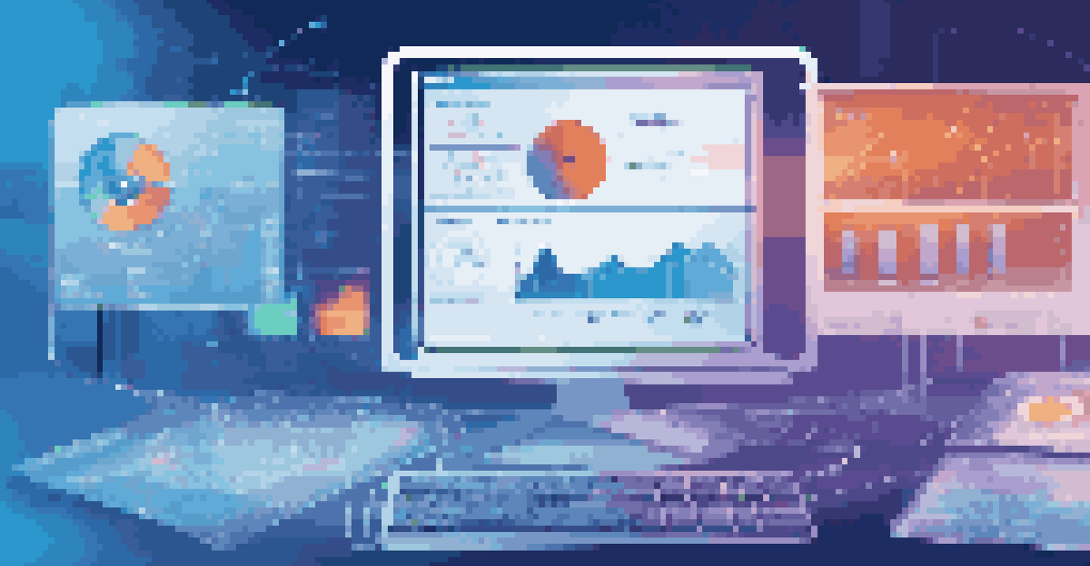 An abstract representation of data analytics with colorful visualizations swirling around a computer screen against a gradient background.