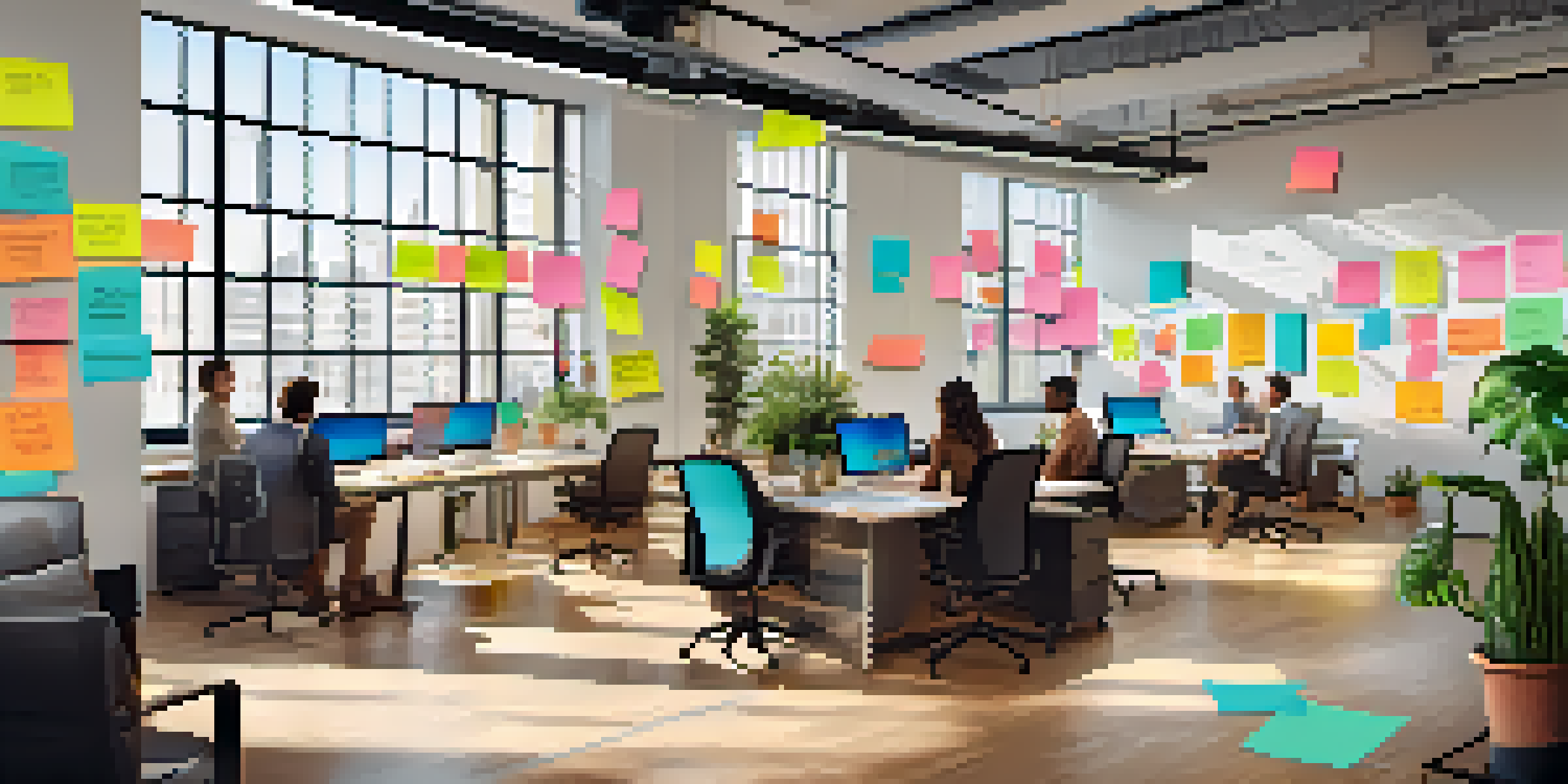 A diverse team collaborating in a bright office space, with laptops, notepads, and colorful sticky notes on a whiteboard.