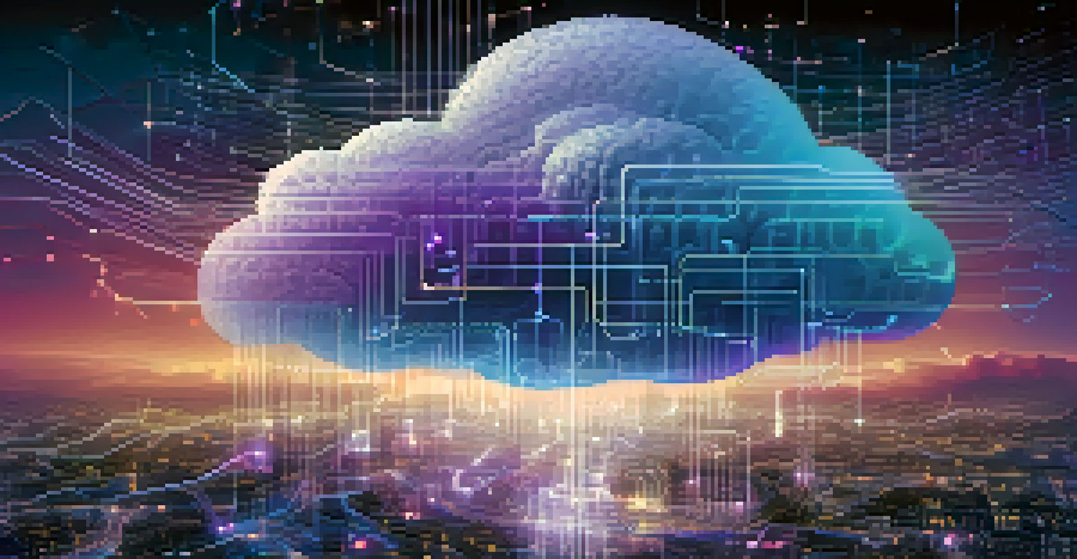 An abstract image showing a digital cloud with glowing data streams and circuit patterns against a blue and purple background.