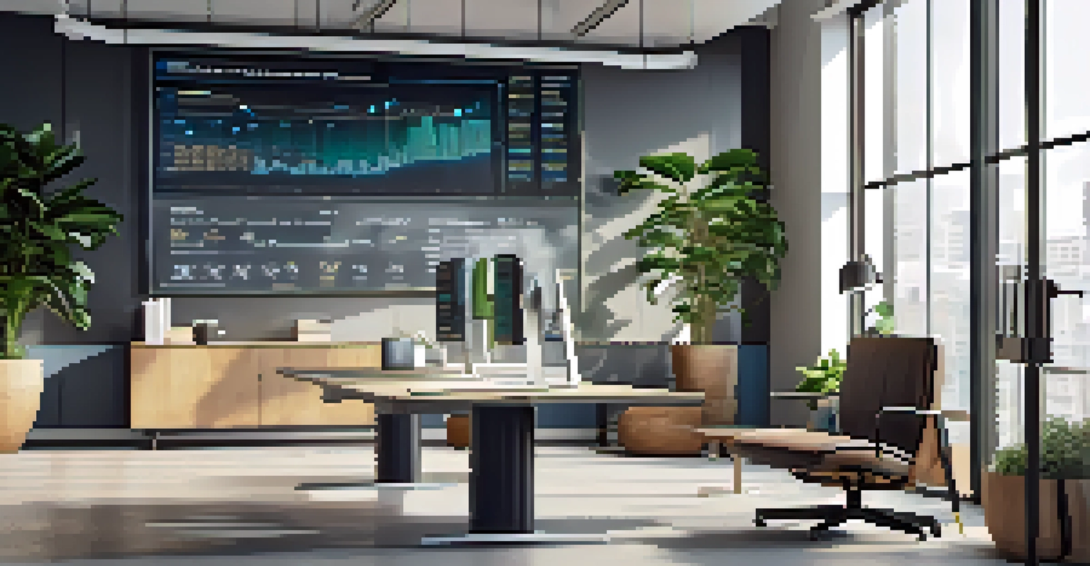 A contemporary office environment with a screen showing data analytics and a bright, inviting atmosphere.