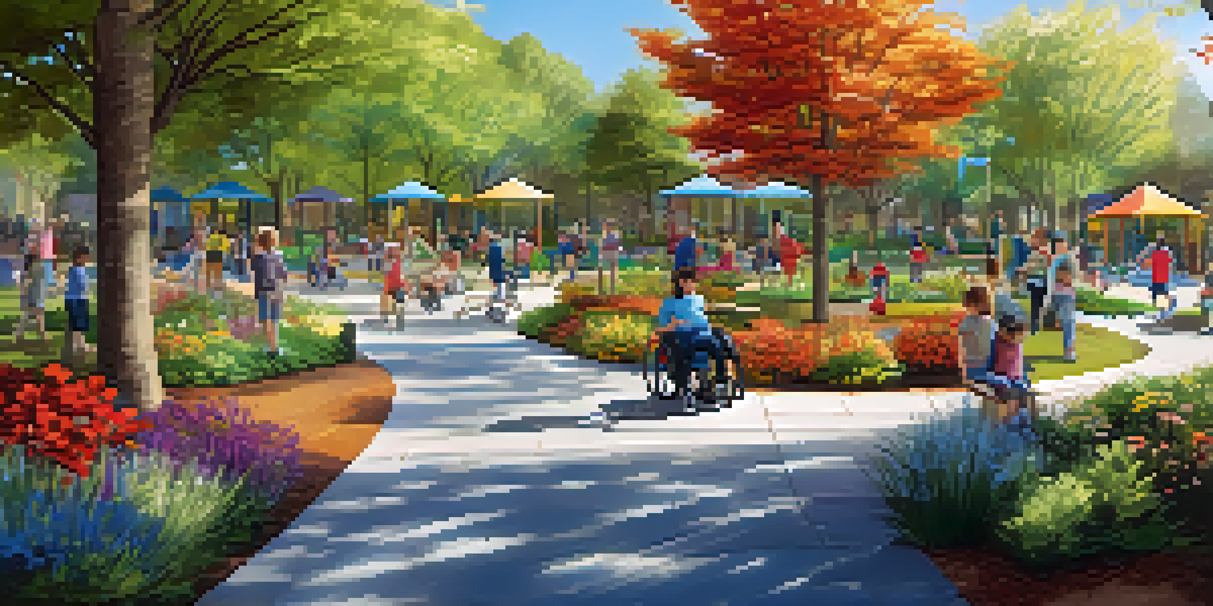 A lively public park with wide pathways for wheelchairs and colorful sensory gardens. Children of diverse abilities are playing together on inclusive equipment under a sunny sky.