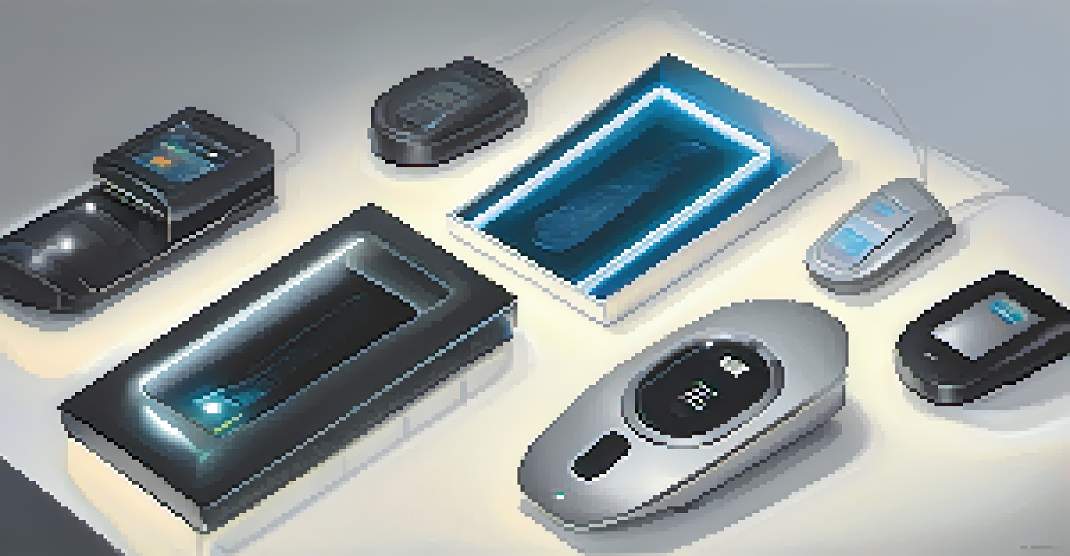 A collection of different fingerprint scanners displayed on a sleek surface, illuminated by soft ambient light.