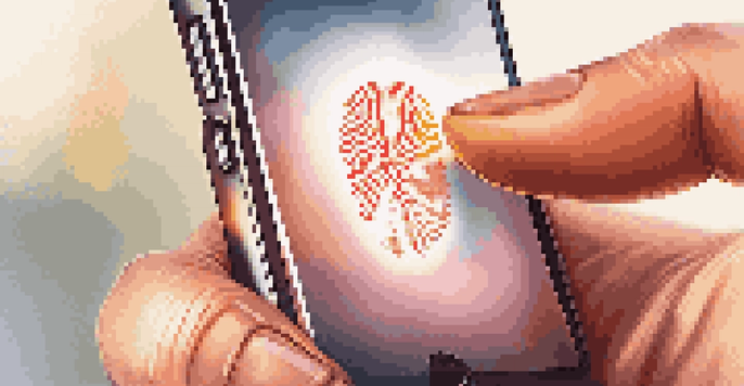 A person pressing their finger against a fingerprint scanner on a smartphone, with a blurred background and soft lighting.