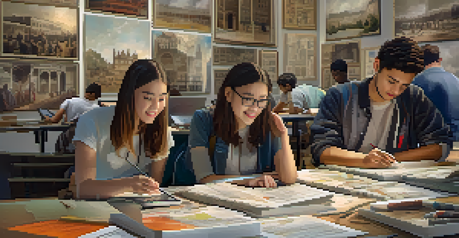 Students working together on an augmented reality project, surrounded by digital overlays of historical landmarks, emphasizing collaboration and creativity.