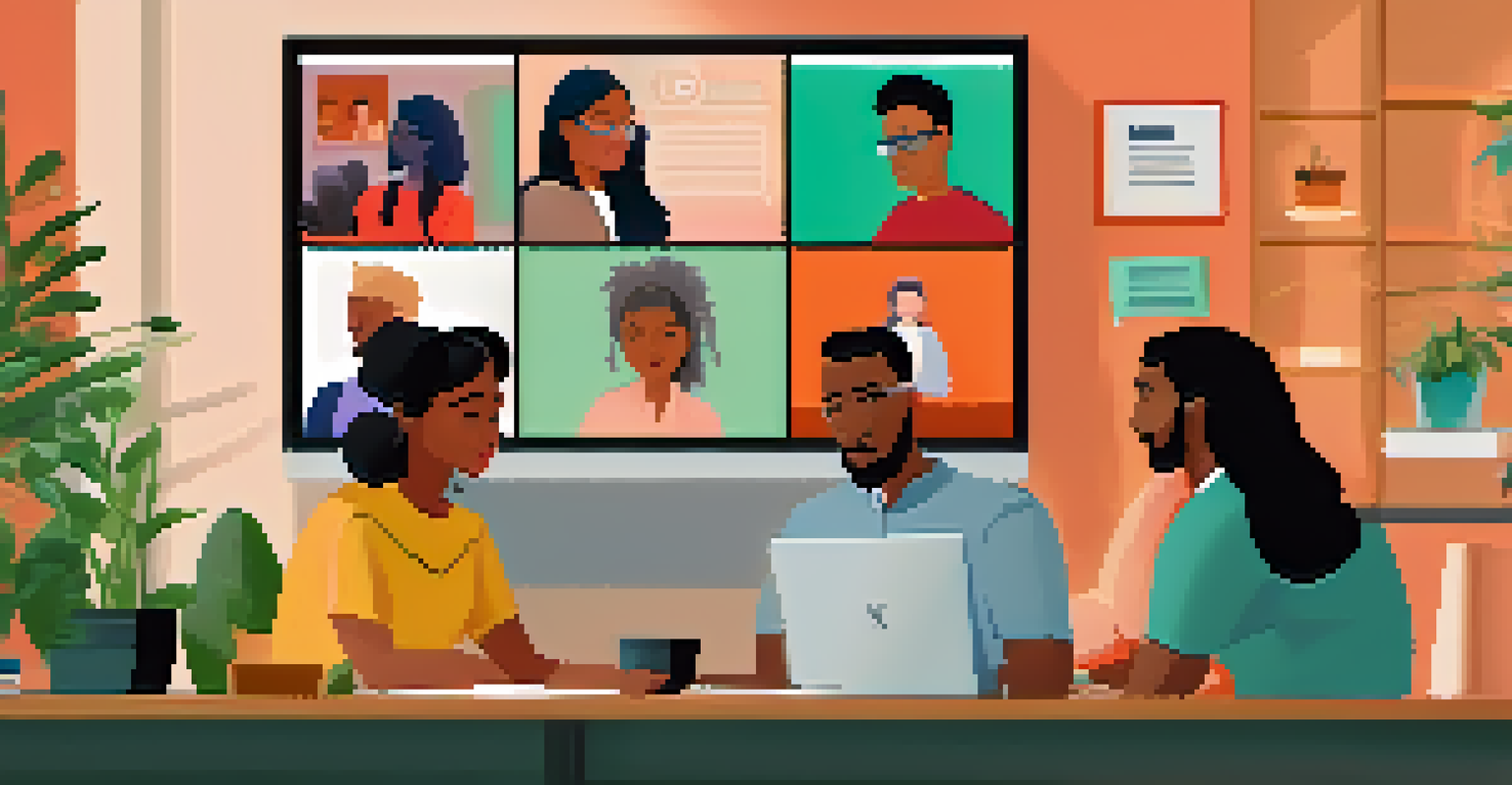 A computer screen displaying a video conference with team members discussing, set against a cozy home office background.