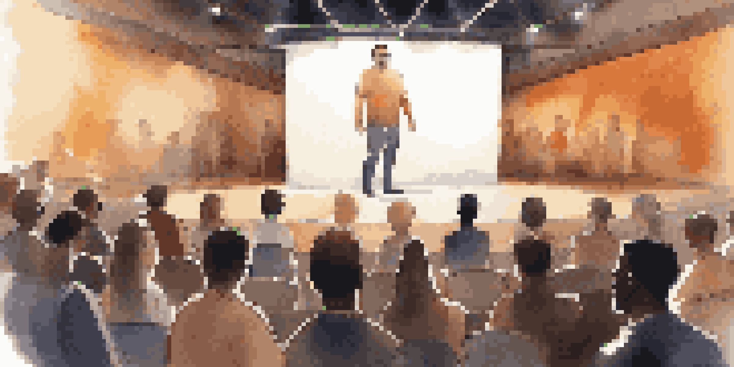 A confident speaker on stage presenting to a diverse, virtual audience with engaging expressions and a digital interface in the background.