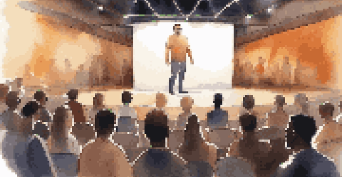 A confident speaker on stage presenting to a diverse, virtual audience with engaging expressions and a digital interface in the background.