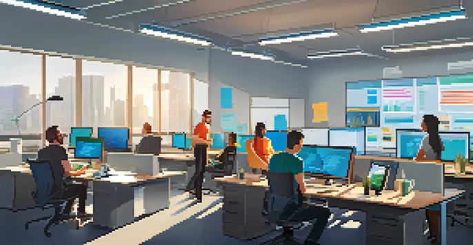 A diverse IT support team collaborating in an office, focused on resolving an incident with computers and a large screen displaying updates.