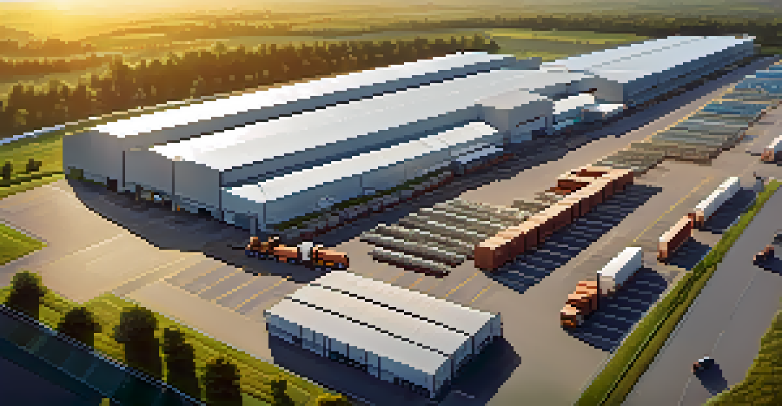 Aerial view of a distribution center with trucks ready for delivery amidst a picturesque sunset.