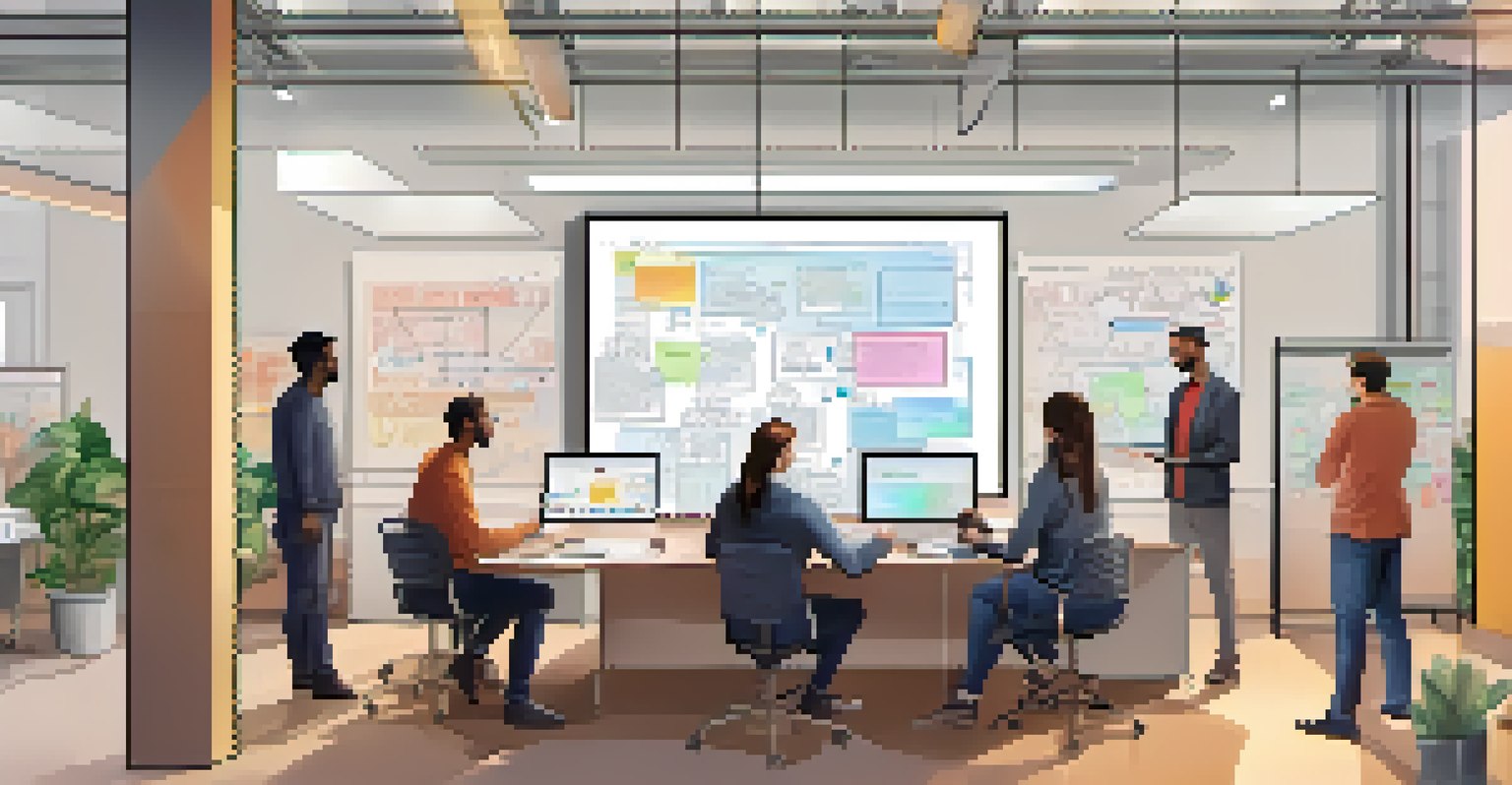 A diverse team of developers working together in a tech workspace, with a digital whiteboard showing event-driven architecture diagrams.