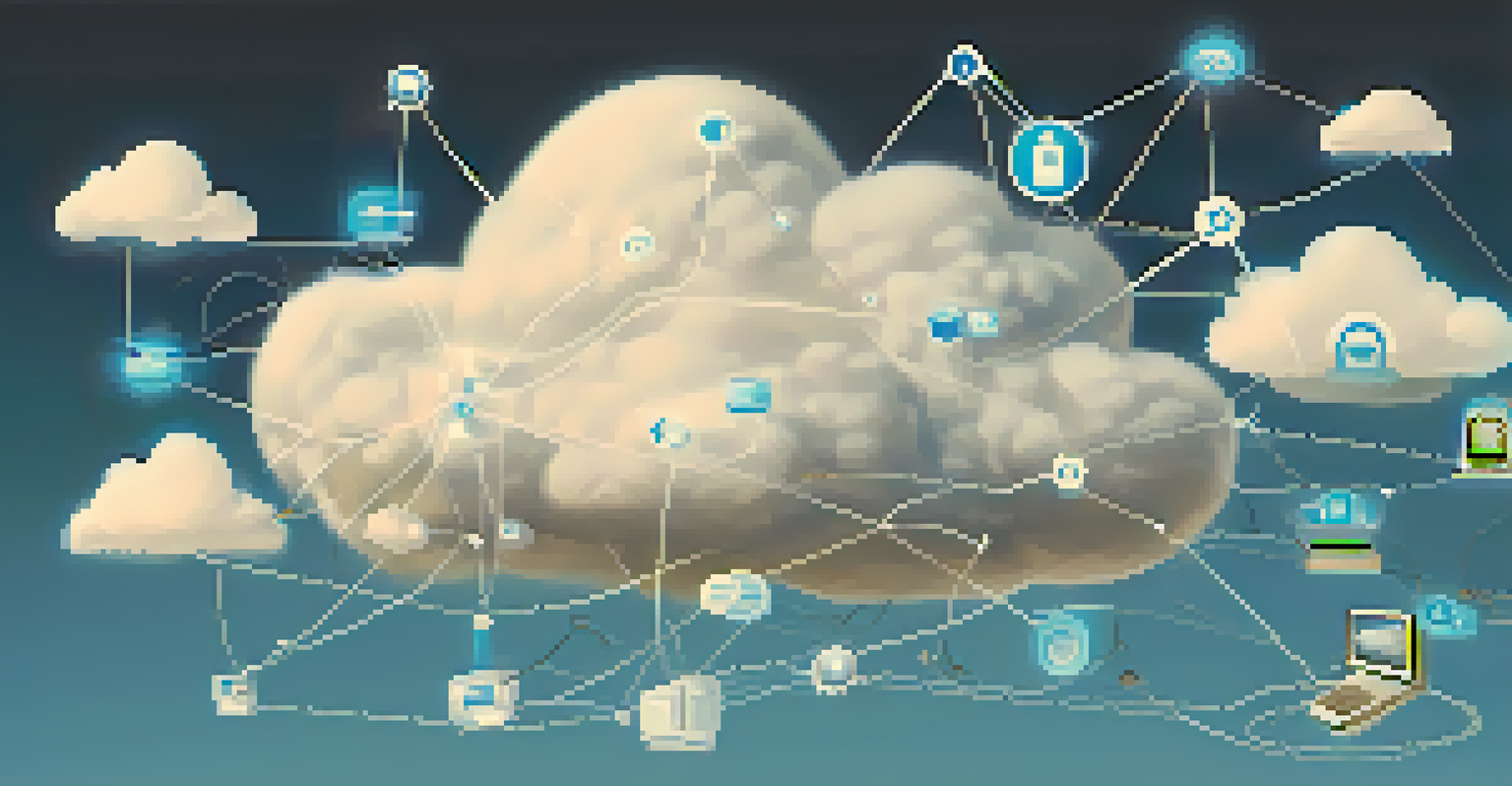 An abstract illustration of cloud computing with interconnected nodes and SaaS icons in a blue sky.