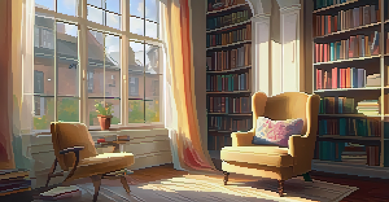 A cozy reading nook with an armchair, a blanket, and a bookshelf, illuminated by soft afternoon light through a window.