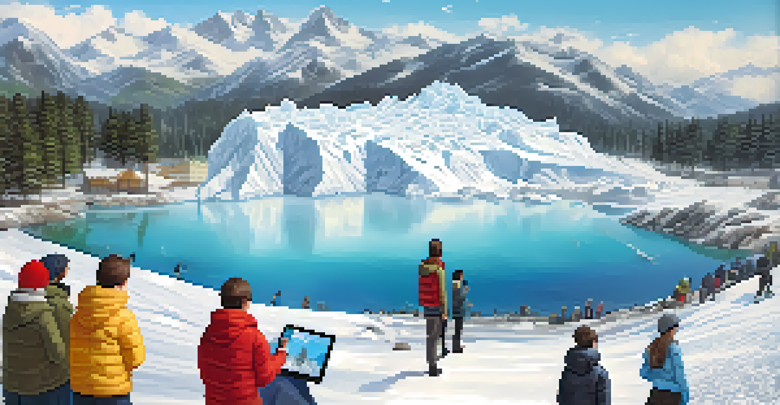 Students outdoors using augmented reality to visualize melting glaciers in a snowy landscape.