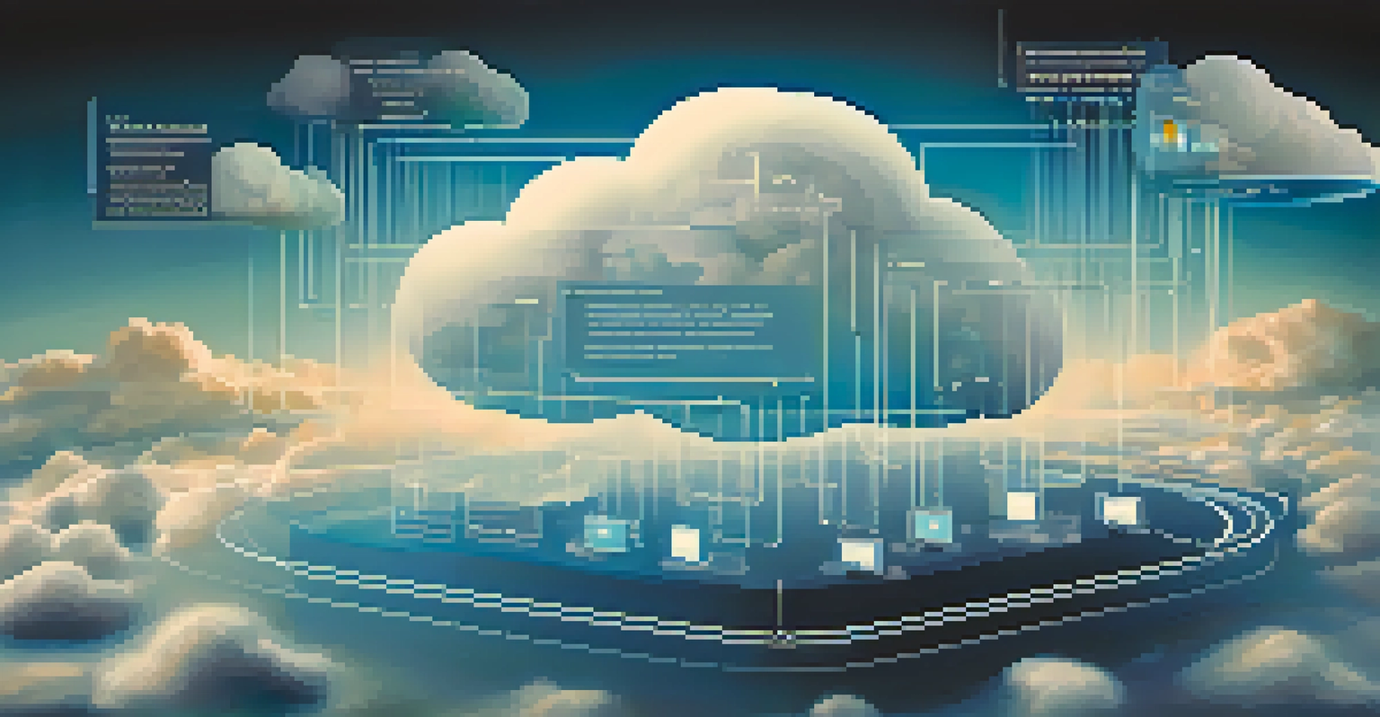 An abstract graphic showing interconnected clouds with digital data streams and icons representing cloud services on a blue and white gradient background.