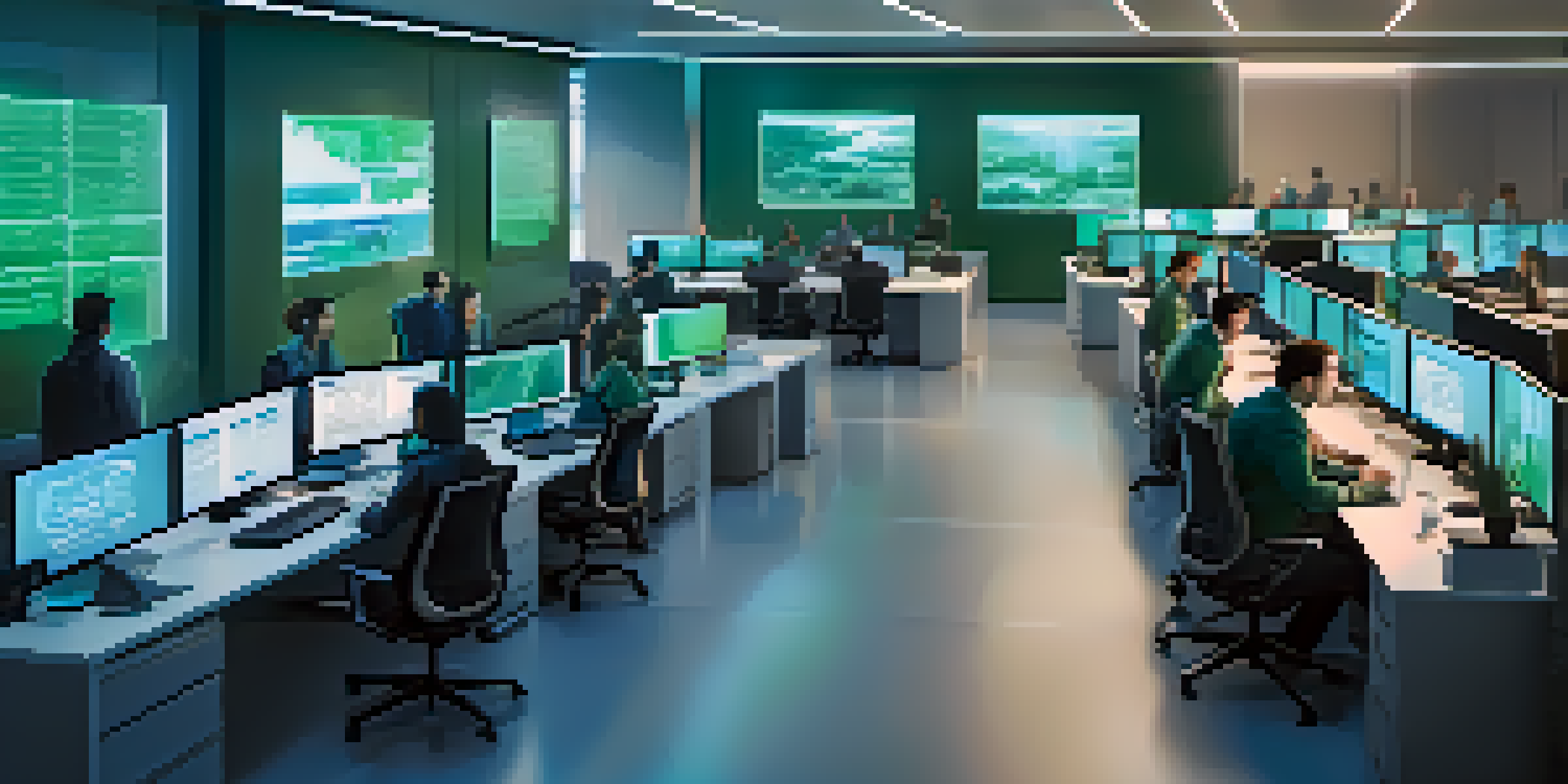 A diverse cybersecurity team working in a high-tech office, surrounded by large screens displaying security data.