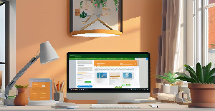 A cozy computer workspace with a screen showing a vibrant non-profit website, a potted plant, a cup of coffee, and a notebook, illuminated by natural light.