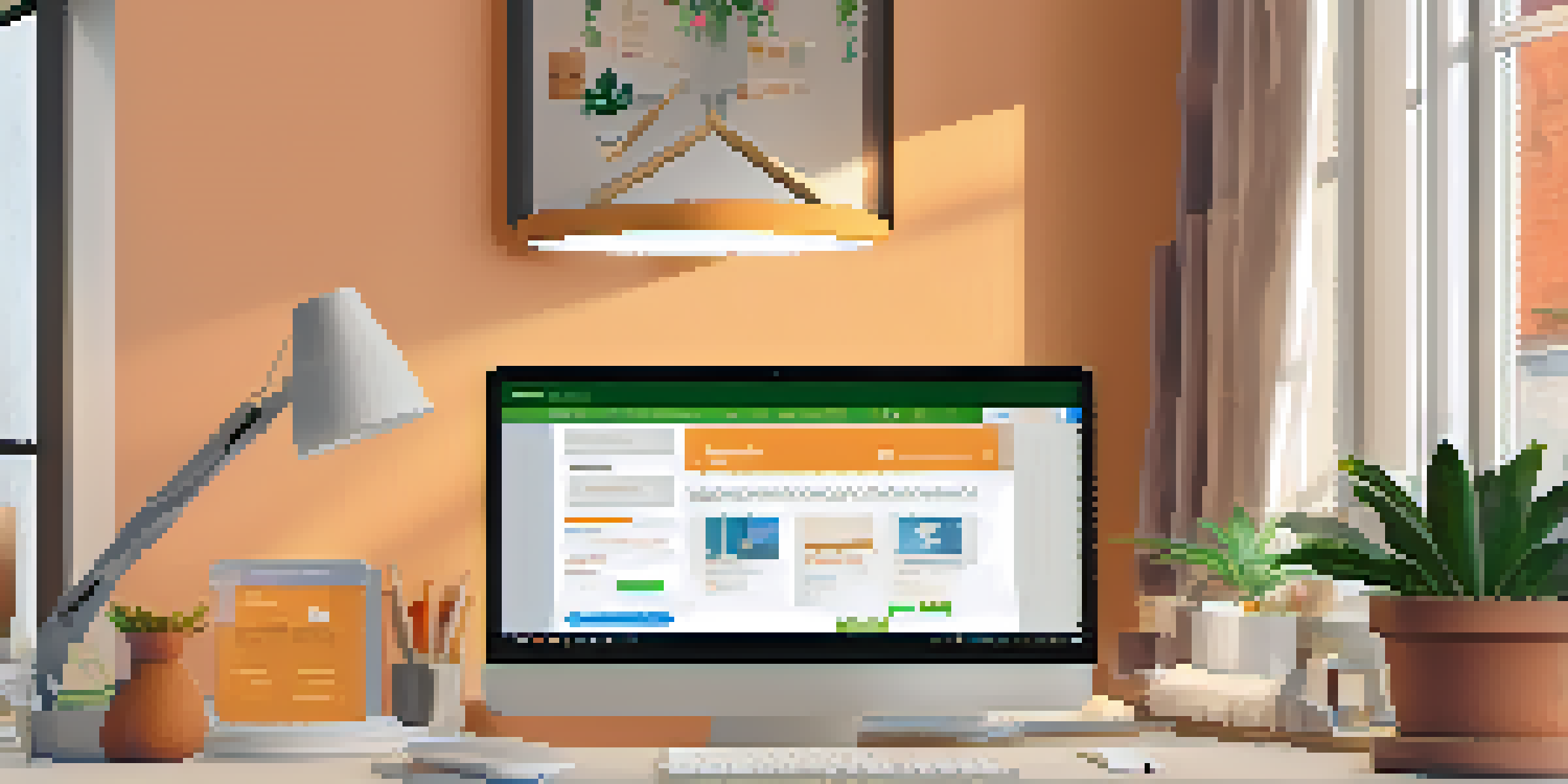 A cozy computer workspace with a screen showing a vibrant non-profit website, a potted plant, a cup of coffee, and a notebook, illuminated by natural light.