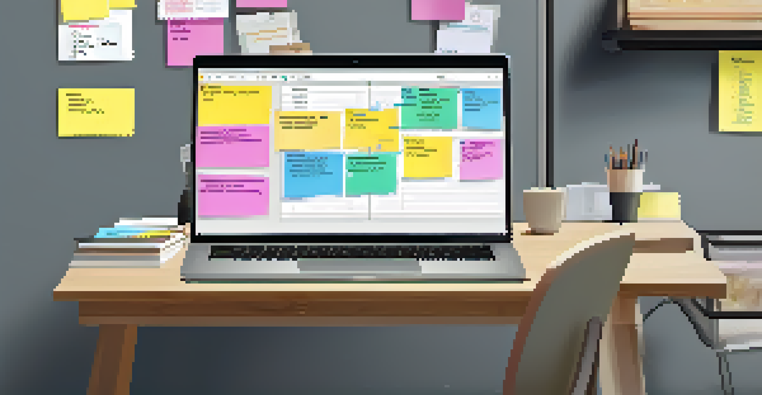 A workspace with a laptop displaying project management software, sticky notes, a notepad, and a coffee cup, all under warm lighting.