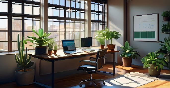 A bright and organized office with a wooden desk, a laptop showing a data inventory, and a plant, illuminated by sunlight.