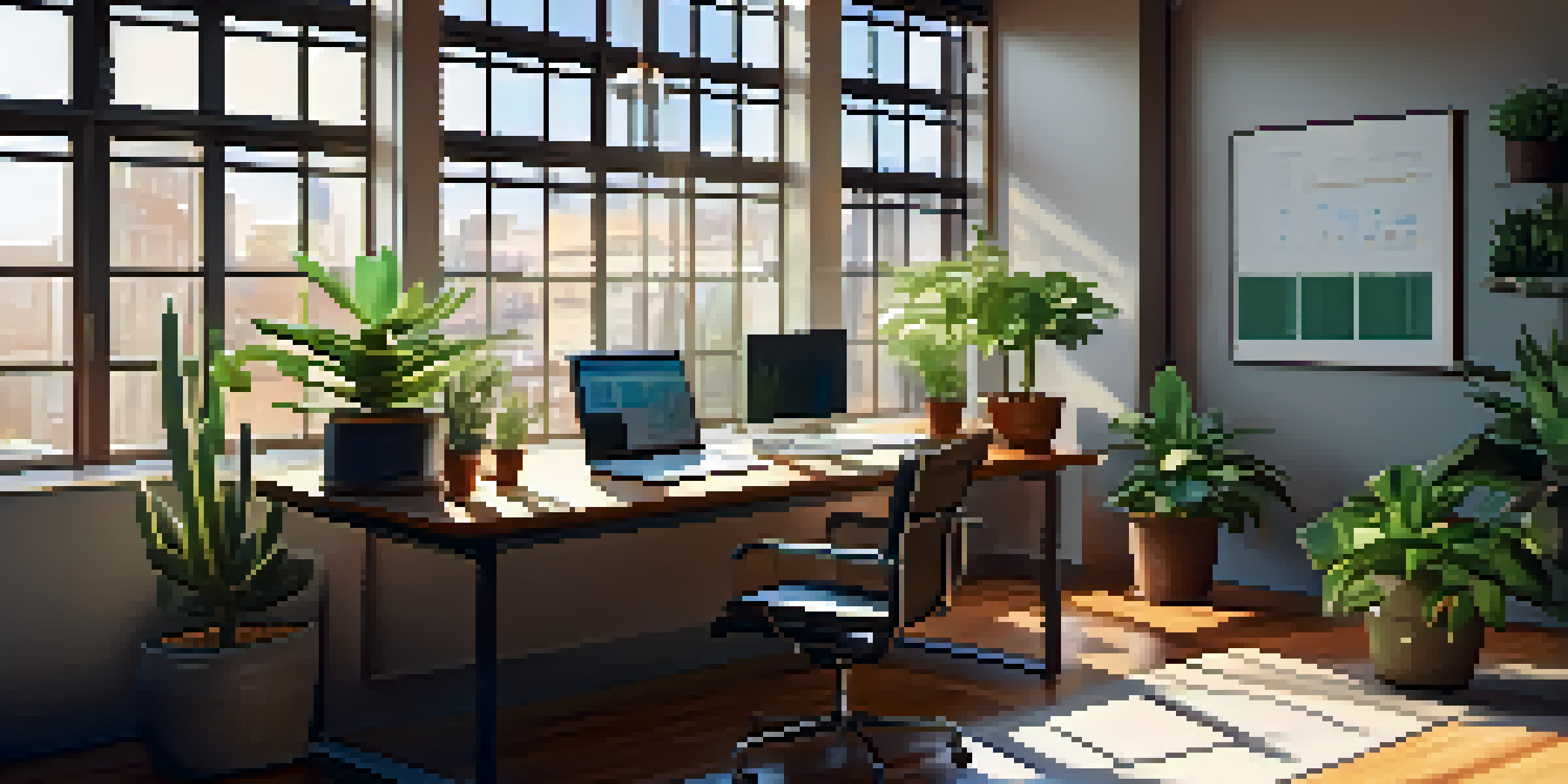 A bright and organized office with a wooden desk, a laptop showing a data inventory, and a plant, illuminated by sunlight.