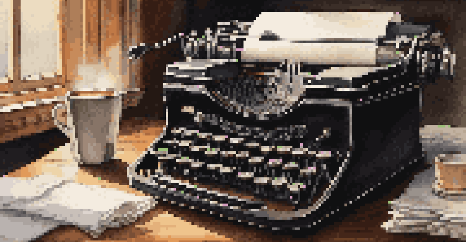 A vintage typewriter on a desk with sheets of paper and a cup of coffee, illuminated by warm light.