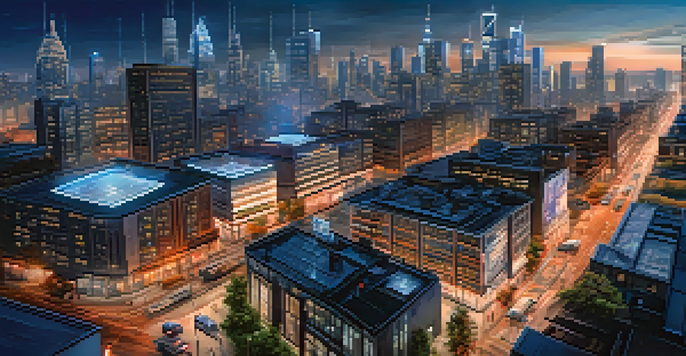 A cityscape at dusk with emergency responders using technology and drones in a high-tech environment.