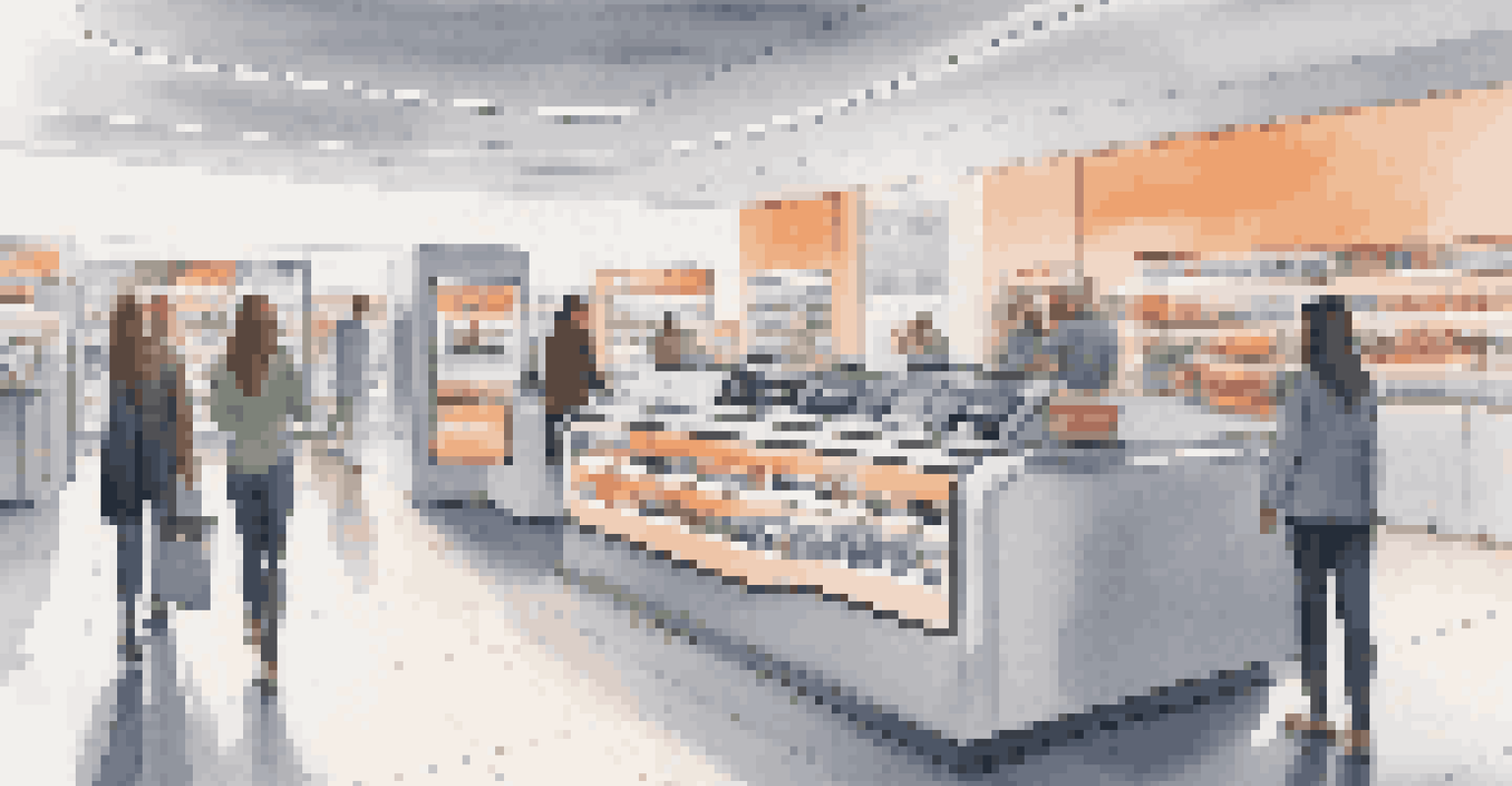 A modern retail checkout area where customers use smartphones for automated checkout, highlighting a seamless shopping experience.
