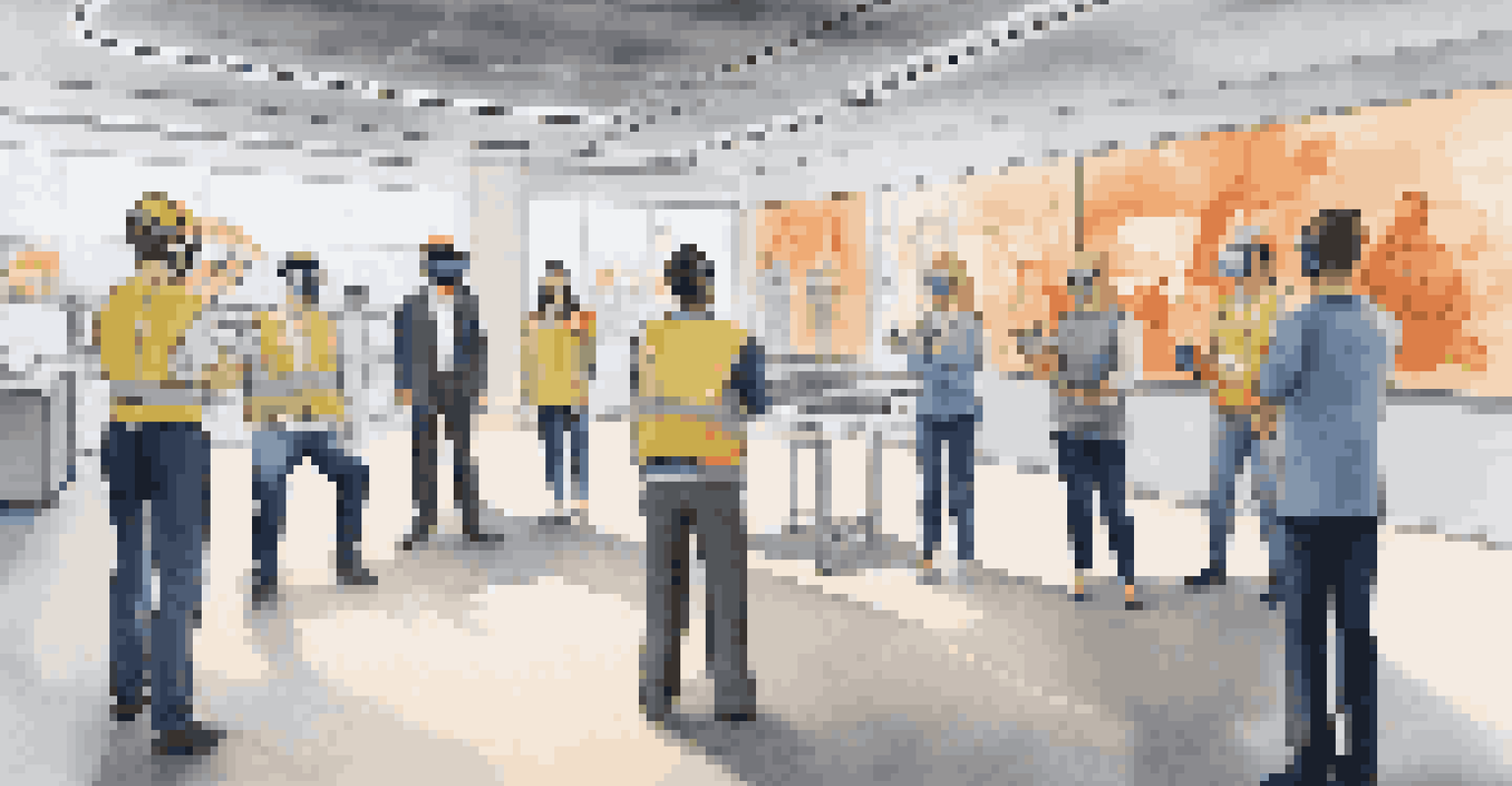 Retail employees engaged in augmented reality training, wearing AR glasses and interacting with virtual scenarios in a bright training room.