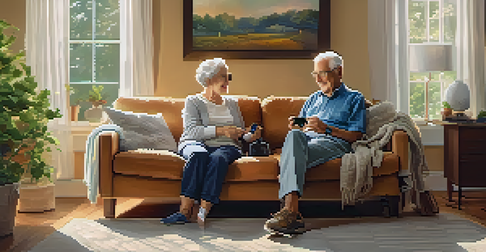 An elderly couple sitting on a sofa, using smartwatches in a cozy living room with natural sunlight.