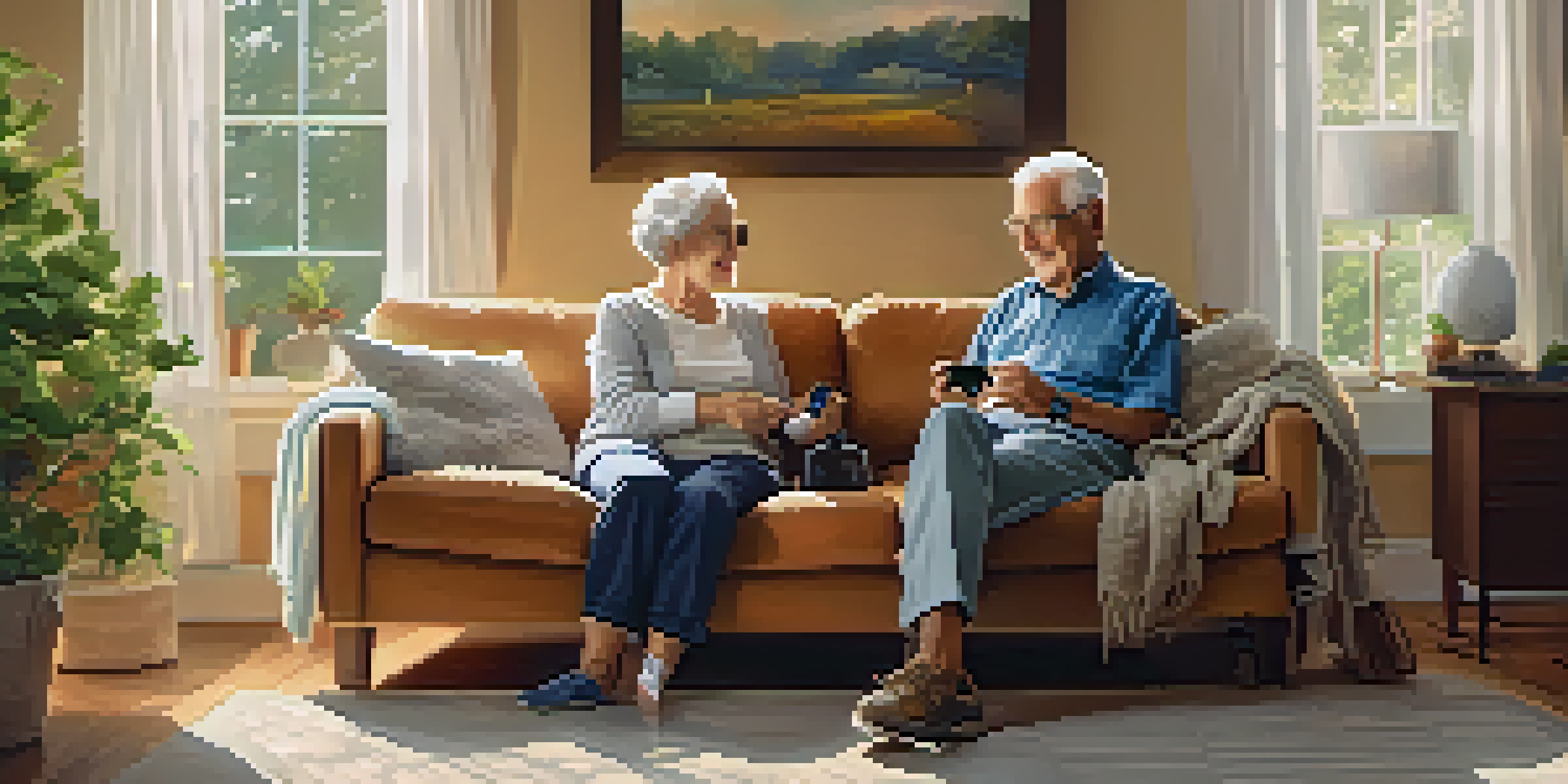 An elderly couple sitting on a sofa, using smartwatches in a cozy living room with natural sunlight.