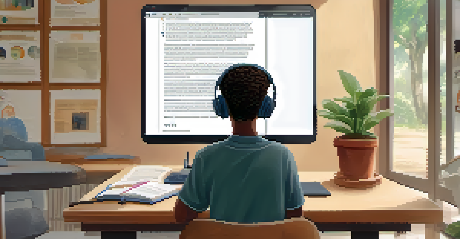 A student in a cozy study area using a screen reader on a laptop, with the screen showing text being read aloud, surrounded by educational materials.