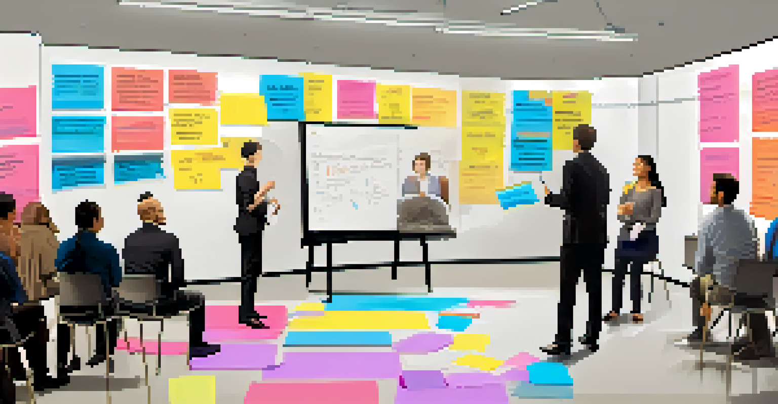 An engaging training session with a trainer at a whiteboard and participants taking notes.